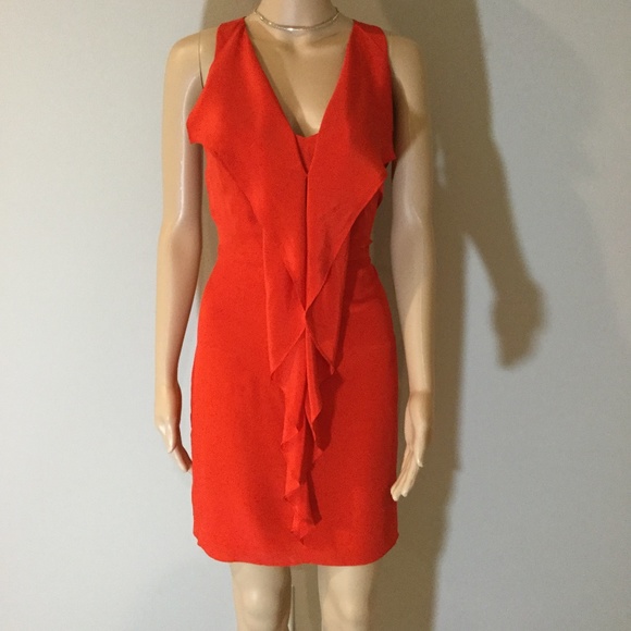 Greylin Red Orange Ruffle Front Silk Dress - Picture 4 of 5